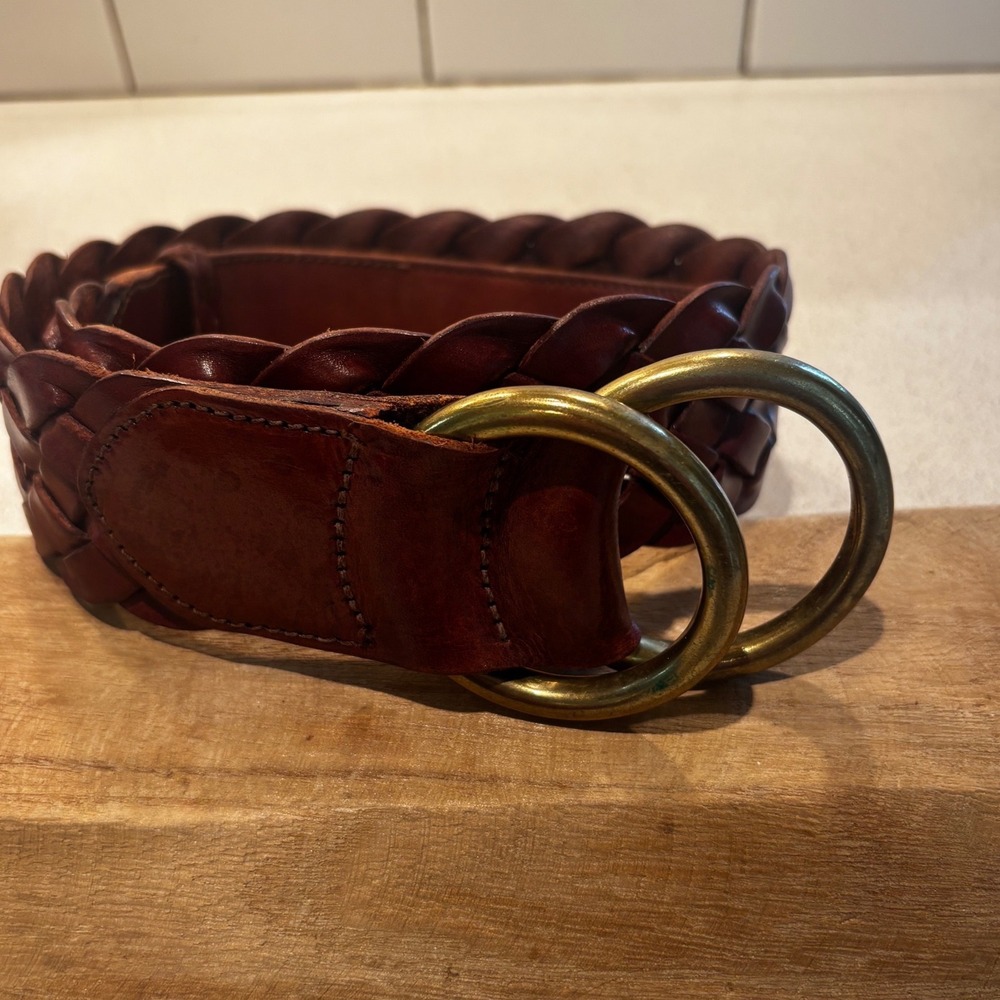 Polo Ralph Lauren Brown Braided Leather Belt Brass Double Ring Buckle Size 32